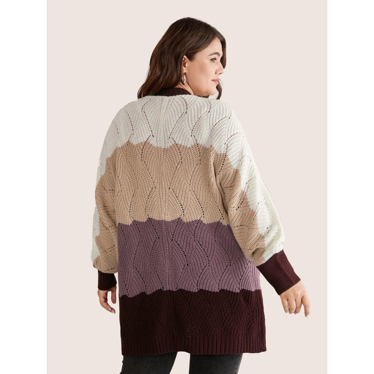 Plus Size Colorblock Contrast Texture Dolman Sleeve Cardigan Burgundy Women Casual Long Sleeve Everyday Cardigans BloomChic 14-16/1X Product Image