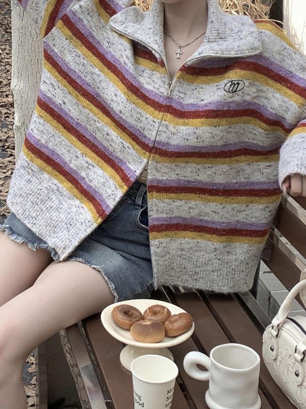 Striped Double Zip Lapel Neck Knit Cardigan Product Image