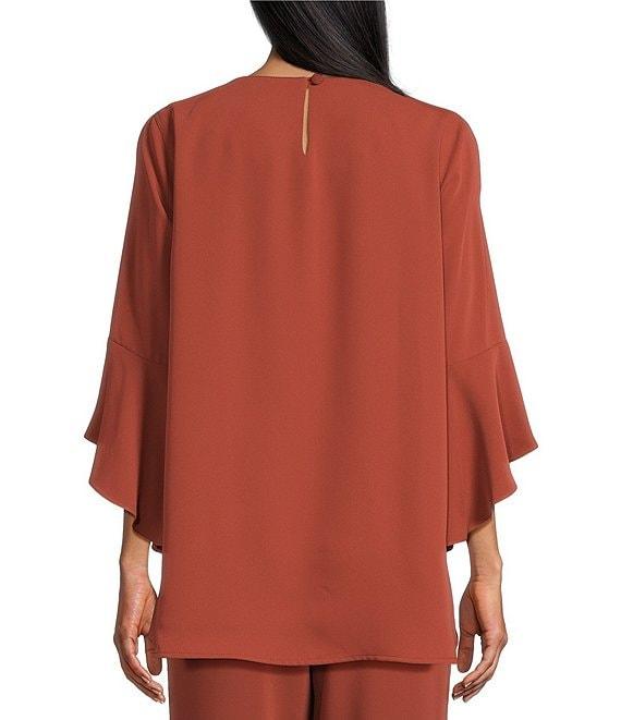 Caroline Rose Julia Matte Crepe Crew Neck 3/4 Ruffled Sleeve High-Low Hem Top Product Image
