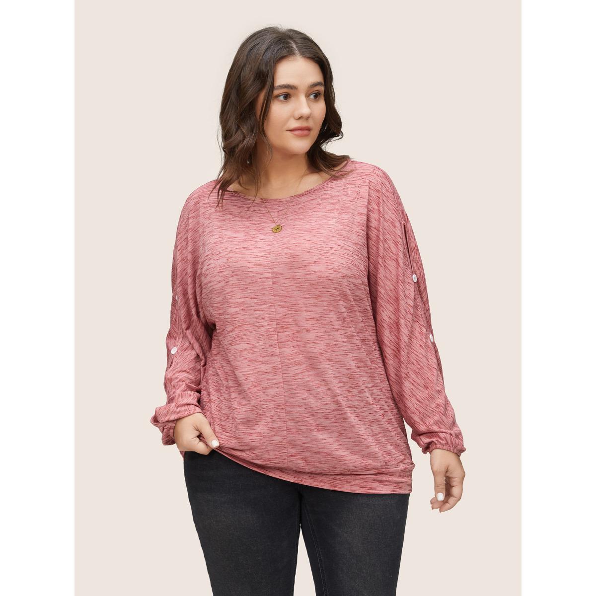 Plus Size Heather Button Detail Dolman Sleeve T-shirt Rouge Women Casual Non Plain Round Neck Everyday T-shirts BloomChic 30/6X Product Image