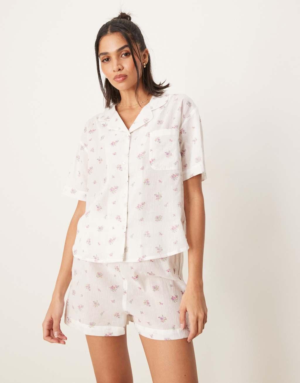 Luna short sleeve camp collar pajama top and shorts set in cheesecloth delicate floral print  Product Image