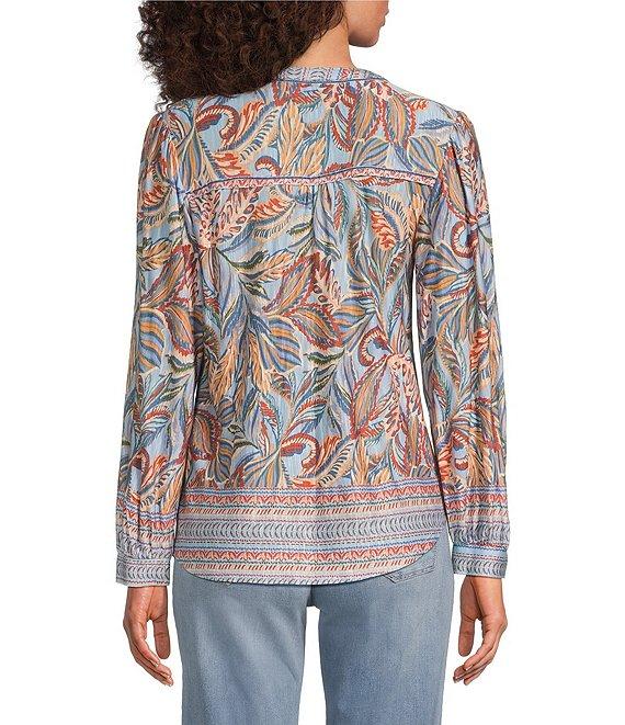 Democracy Knit Tropical Palm Border Print Split V-Neck Long Sleeve Shirttail Hem Top Product Image