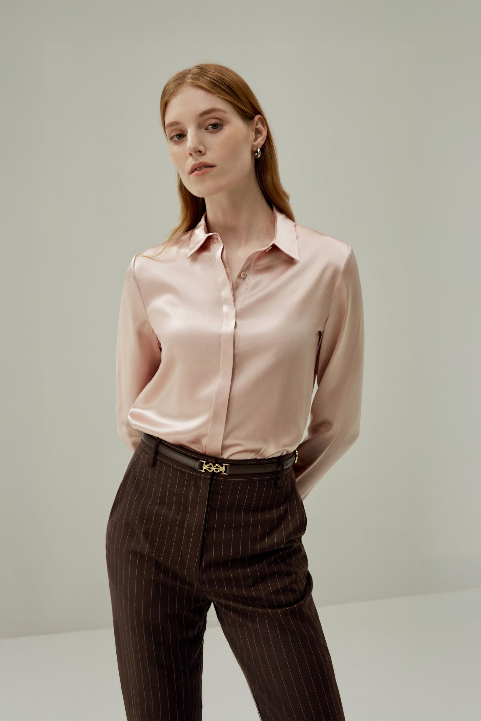 LILYSILK Silk Shirt Women - Dark Gray Mulberry Silk - Non-Toxic Dyes Concealed Mother-Of-Pearl Buttons Blouse Petite M Product Image