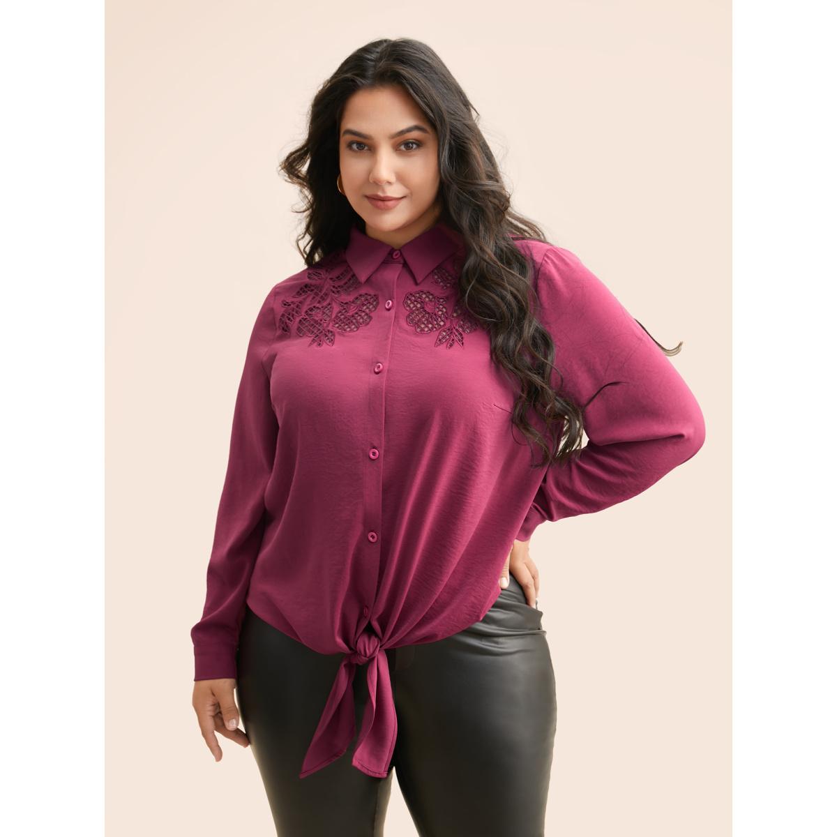 Plus Size RedViolet Shirt Collar Broderie Anglaise Tie Knot Blouse Women Elegant Long Sleeve Shirt collar Everyday Blouses BloomChic 14-16/1X Product Image