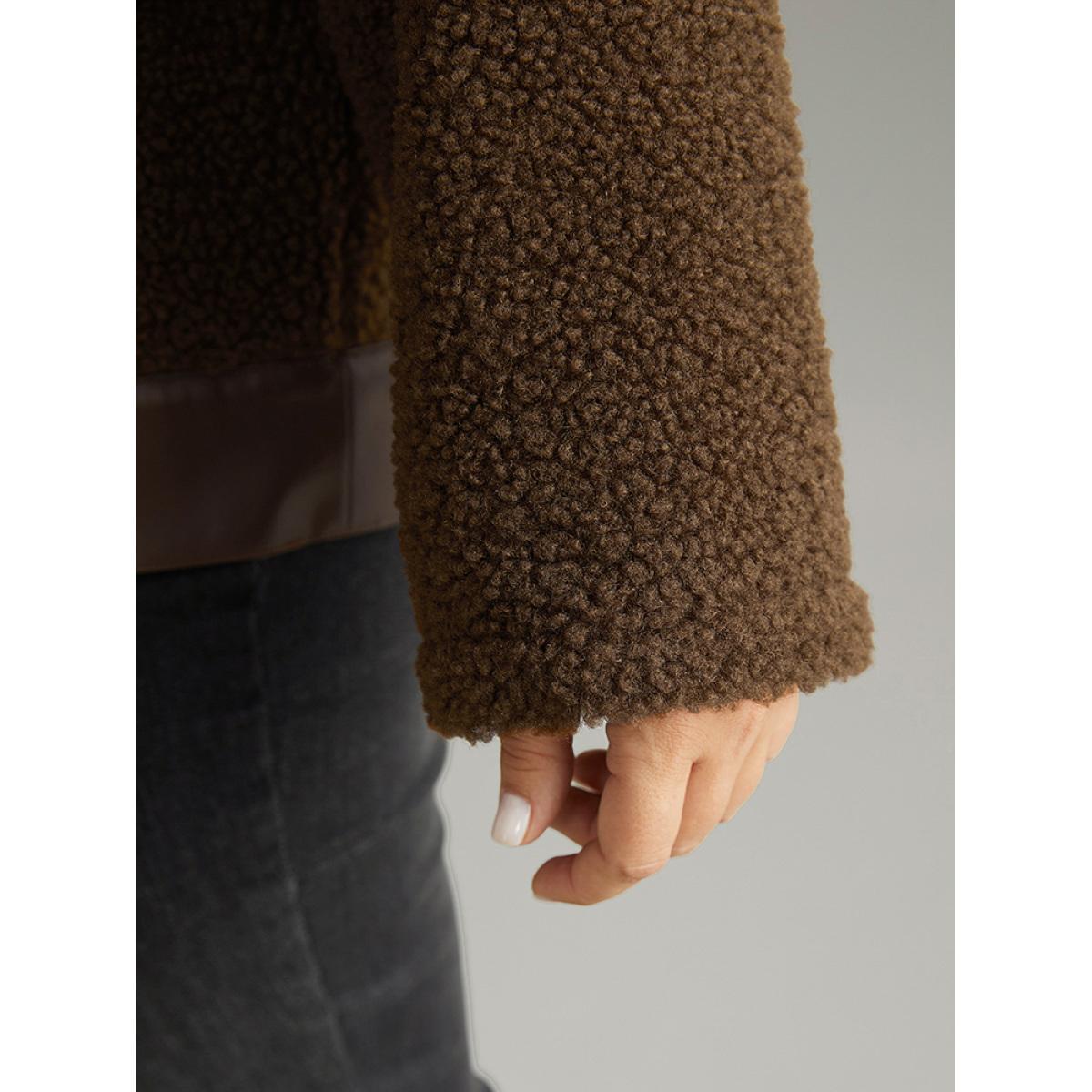 Plus Size PU Leather Patchwork Metal Detail Teddy Jacket Women DarkBrown Patchwork Dailywear Jackets BloomChic 14-16/1X Product Image