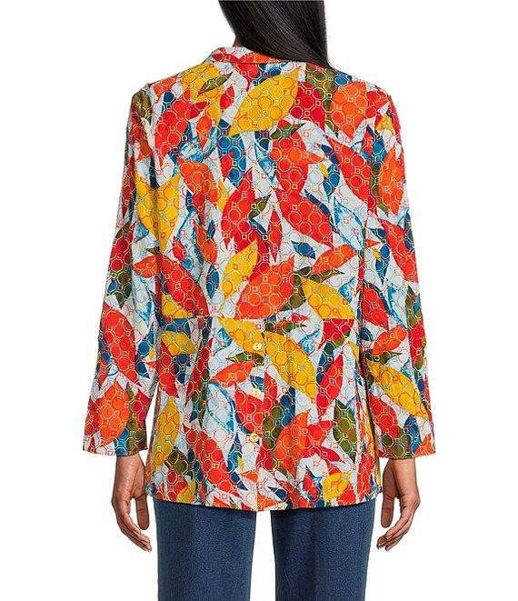 John Mark Petite Size Embroidered Abstract Leaf Print Wire Collar 3/4 Roll-Tab Sleeve Hi-Low Hem Button Front Tunic Product Image