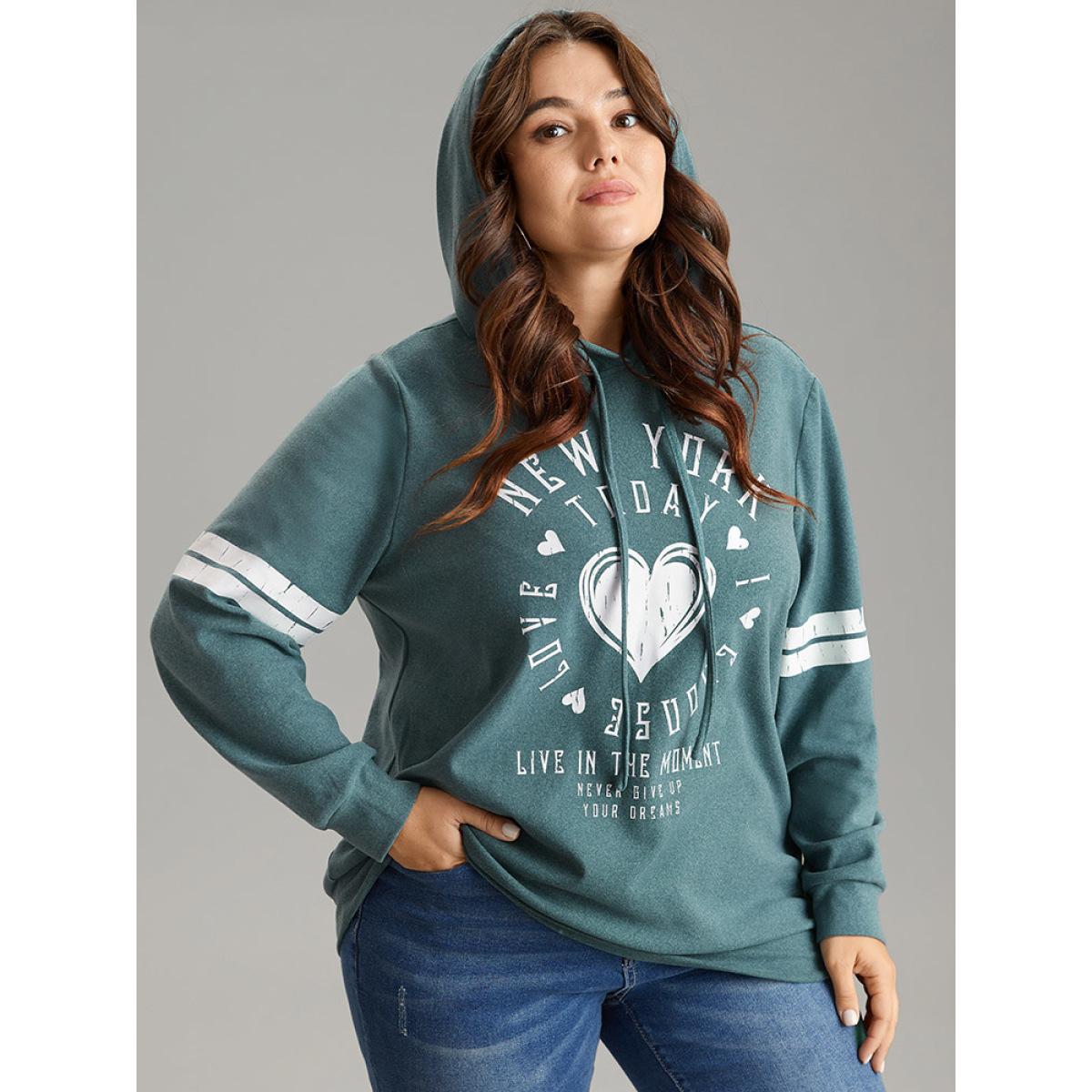 Plus Size Letter & Heart Print Hooded Drawstring Sweatshirt Women Mint Casual Thick Dailywear Sweatshirts BloomChic 28/5X Product Image