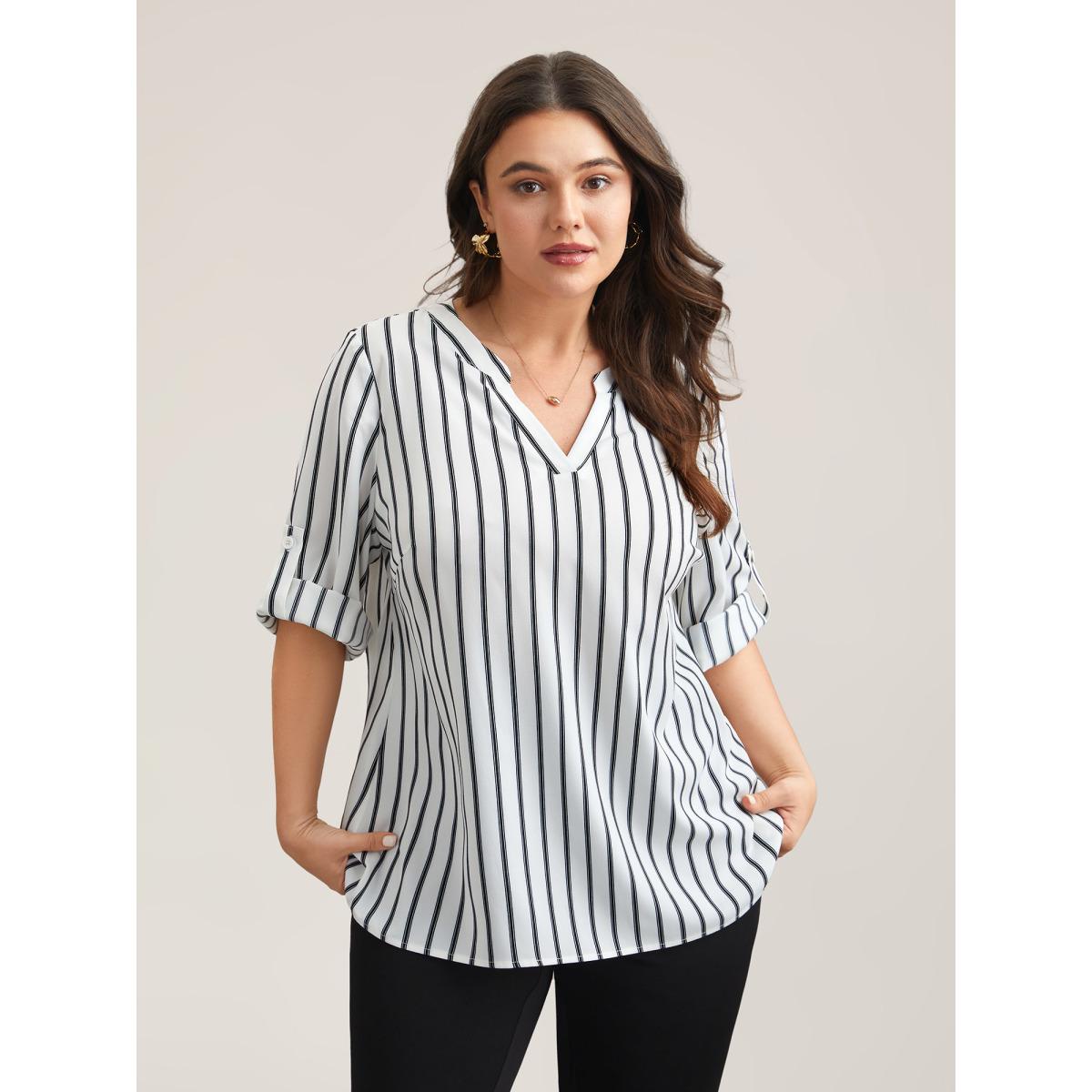 Plus Size WhiteSmoke Notched Collar Striped Tab Sleeve Shirt Women Office Elbow-length sleeve Notched collar Office Blouses BloomChic 28/5X Product Image