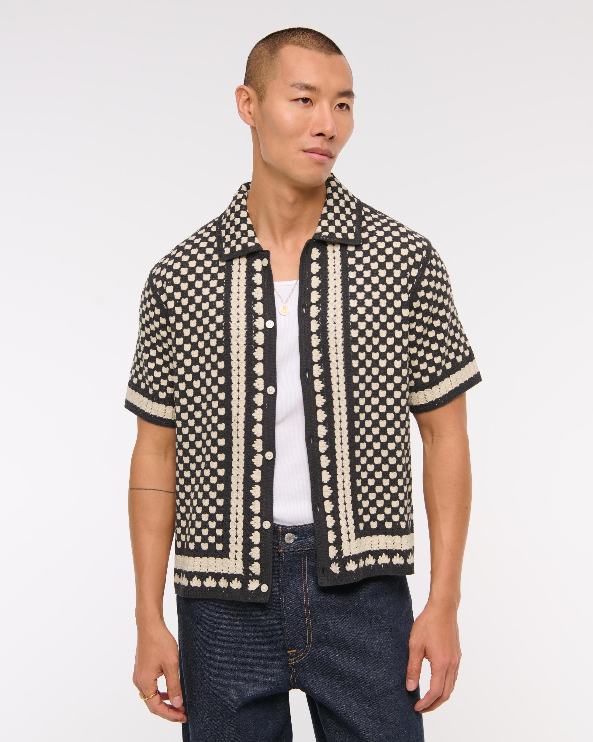 Crochet-Style Border Stripe Button-Through Sweater Polo Product Image