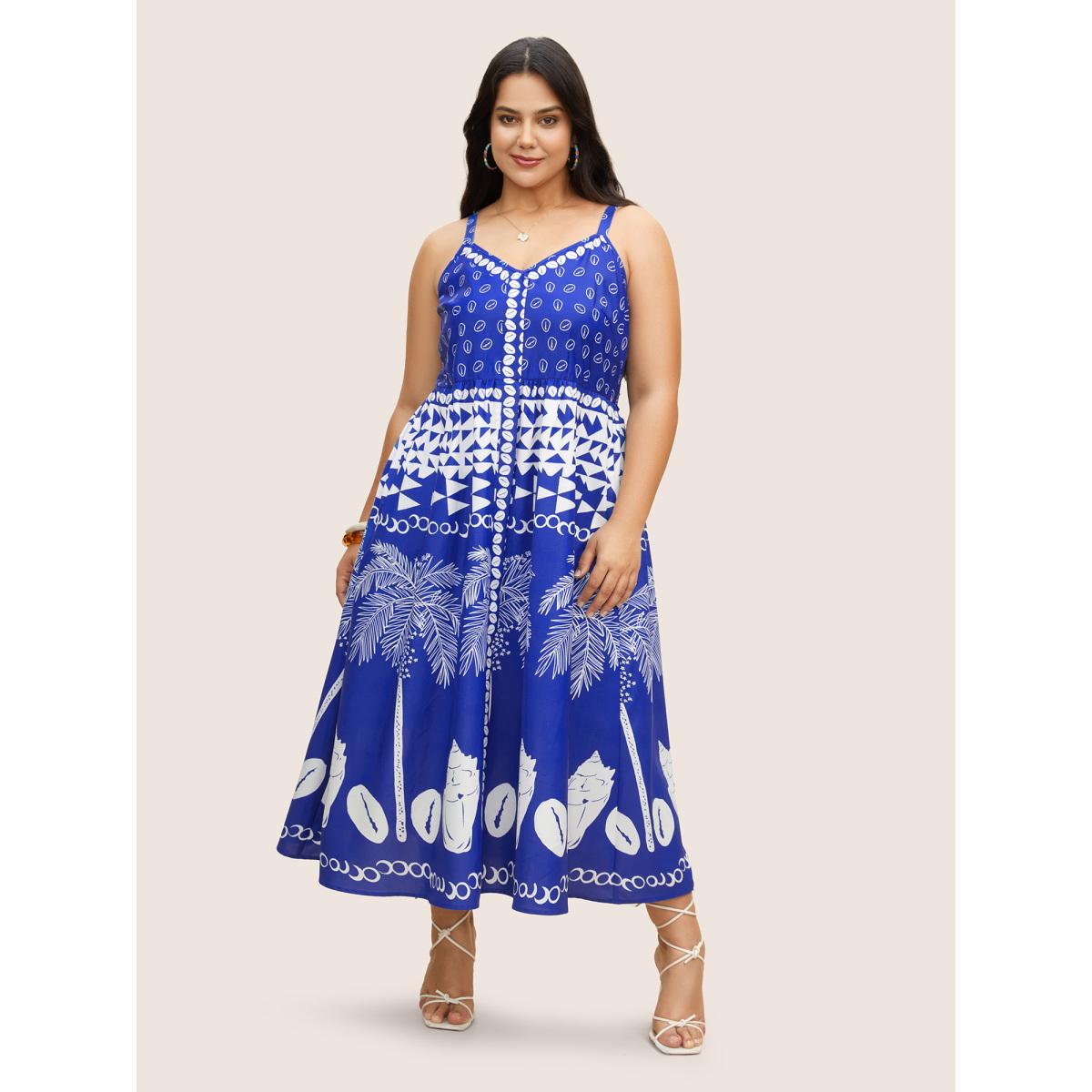 Plus Size Tropical Print Adjustable Straps Cami Dress Blue Women Resort Non V-neck Sleeveless Curvy BloomChic 12/L Product Image