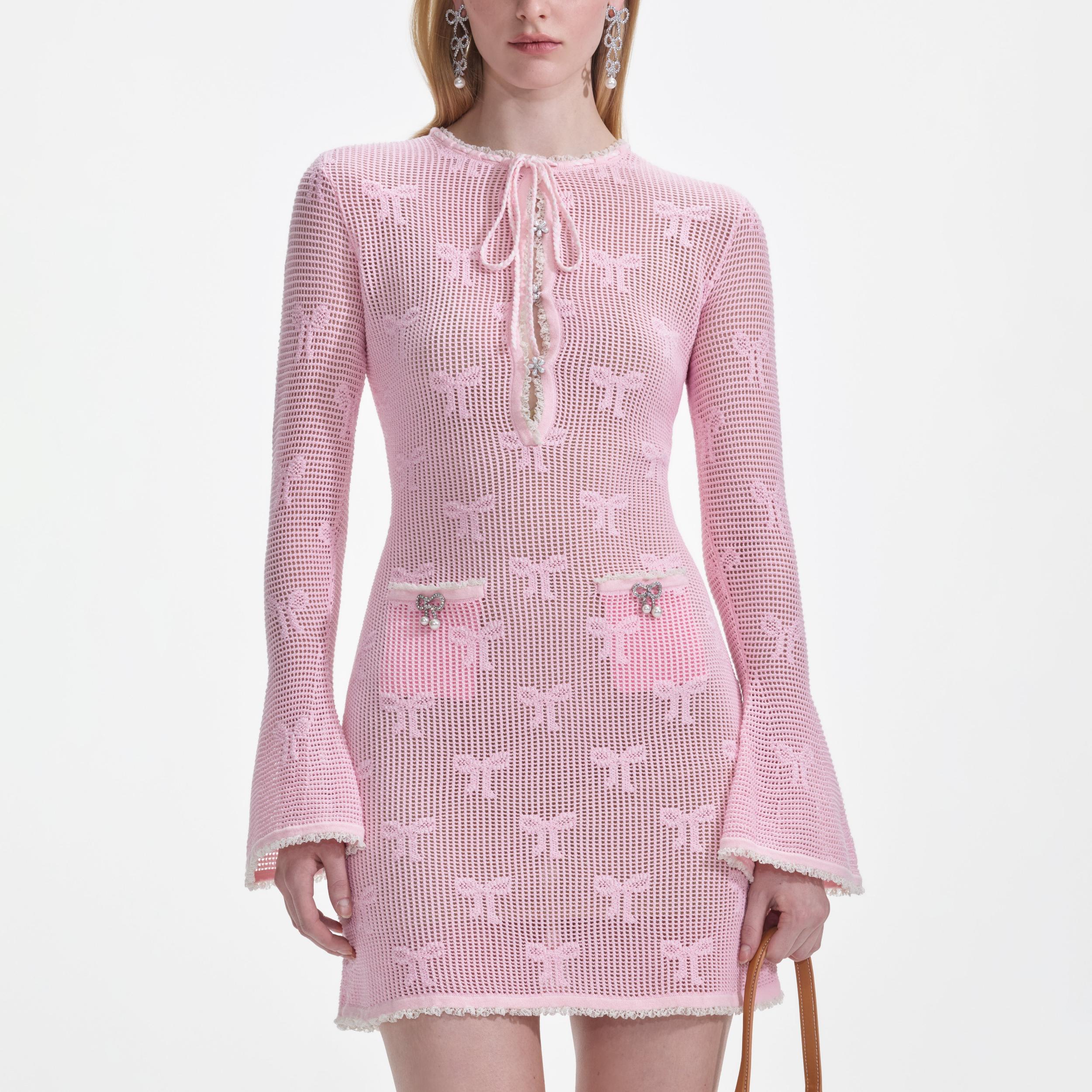 Pink Bow Crochet Mini Dress Product Image