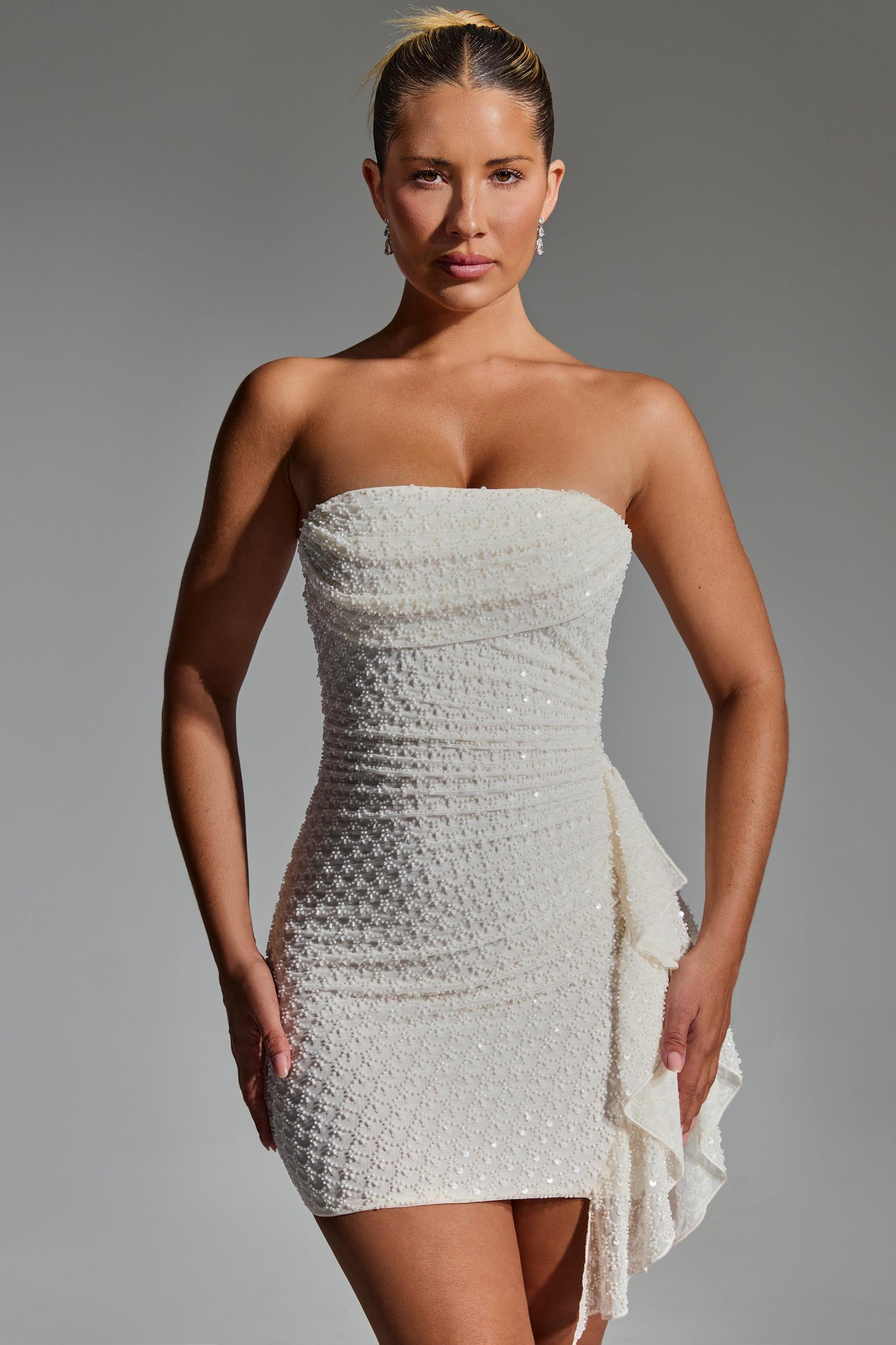 Embellished Ruffled Cowl-Neck Bandeau Mini Dress in White Product Image