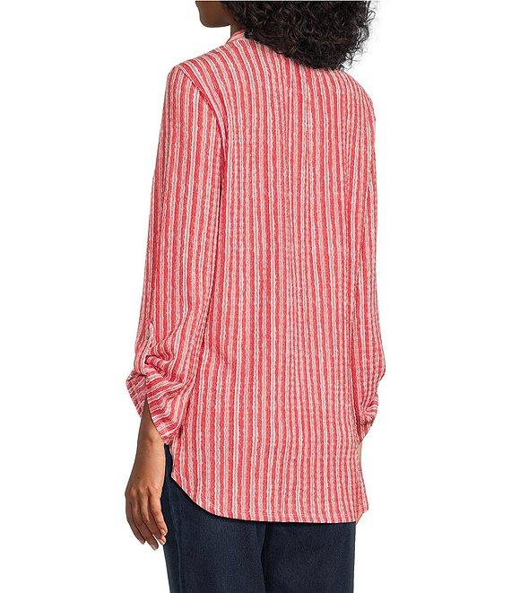 Ruby Rd. Crinkle Knit Stripe V-Neck Long Roll-Tab Sleeve Henley Top Product Image