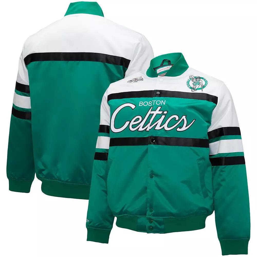 Men's Mitchell & Ness Kelly Green/White Boston Celtics Big & Tall Heavyweight Full-Snap Satin Jacket,  Product Image
