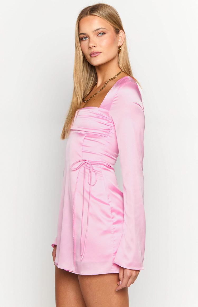 Lucy Pink Satin Long Sleeve Mini Dress Product Image