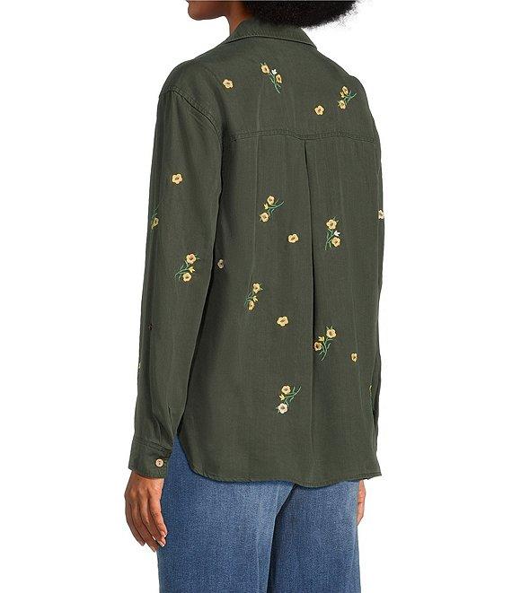 Tru Luxe Jeans Floral Embroidered Point Collar Roll Tab Sleeve Button Front Shirt Product Image