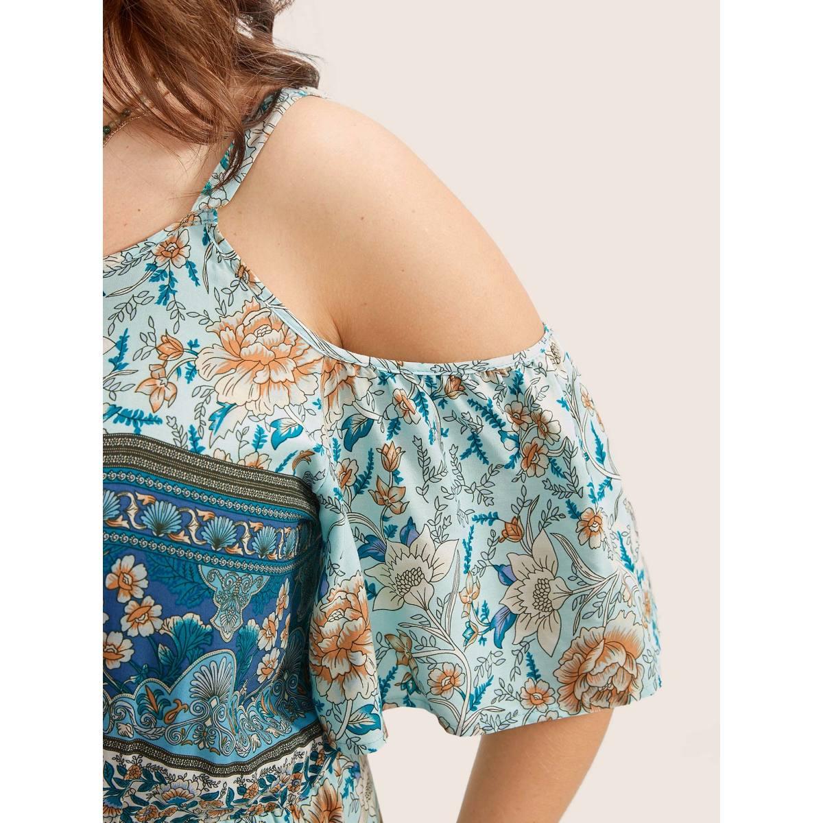 Plus Size Floral Print Pocket Keyhole Ruffles Cold Shoulder Maxi Dress Emerald Women Boho Non Non Half Sleeve Curvy Long Dress BloomChic 18-20/2X Product Image