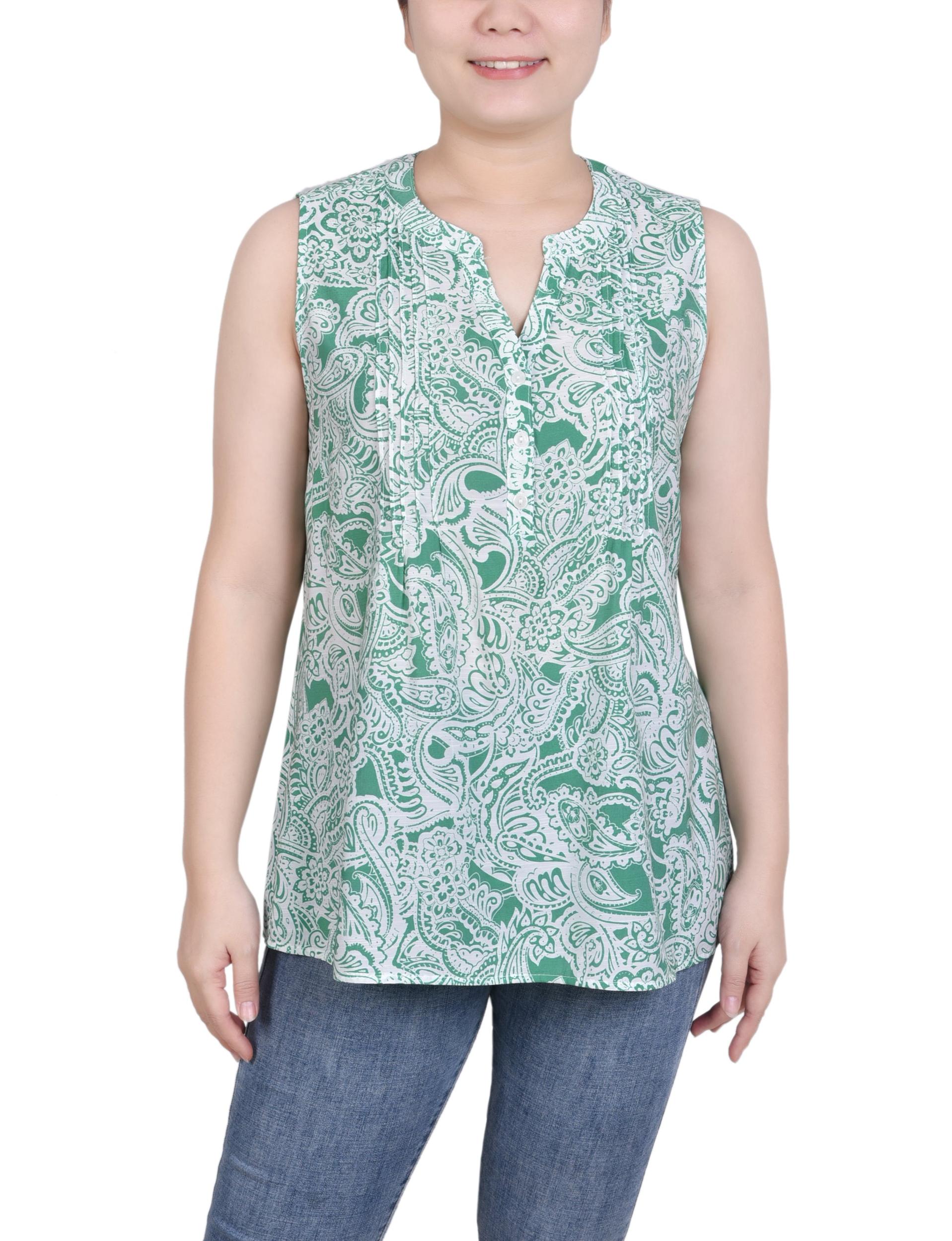 Green Paisley Floral Sleeveless Pintucked Blouse Product Image
