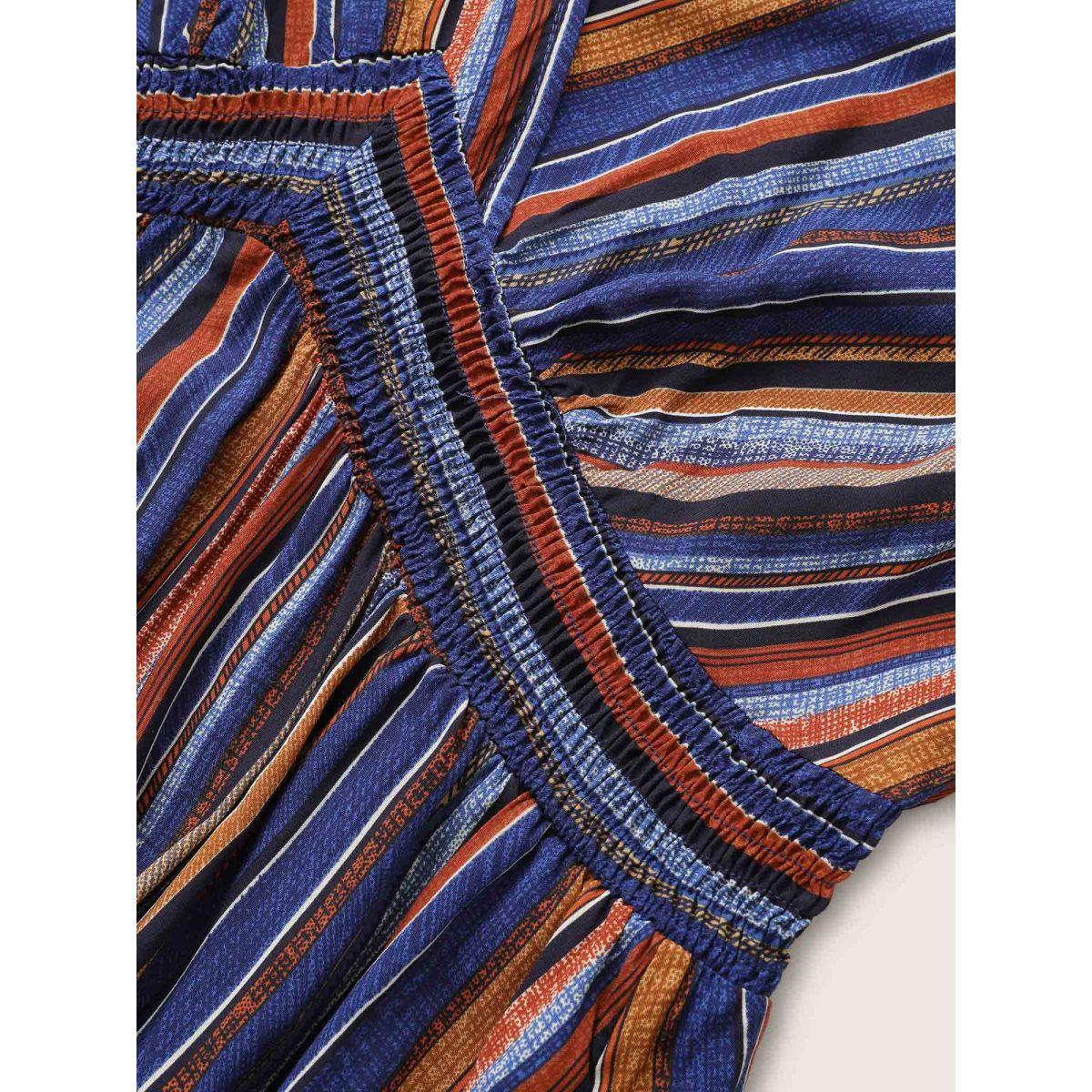 Plus Size Striped Contrast Dolman Sleeve Shirred Pocket Split Flutter Dress Blue Women Boho Non V-neck Half Sleeve Curvy BloomChic 14-16/1X Product Image