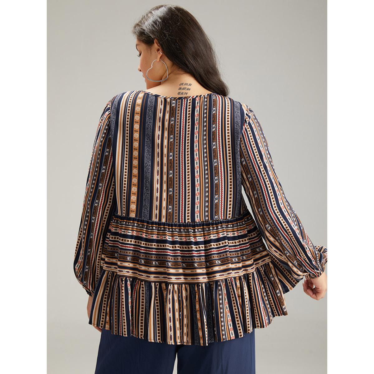 Plus Size Indigo Bandana Stried Crew Neck Gathered Blouse Women Vacation Long Sleeve Round Neck Dailywear Blouses BloomChic 22-24/3X Product Image