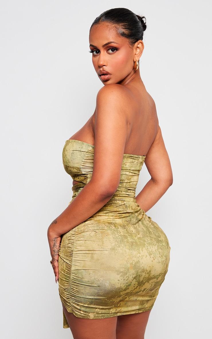 Shape Green Slinky Tie Dye Print Bandeau Twist Front Bodycon Dress Product Image