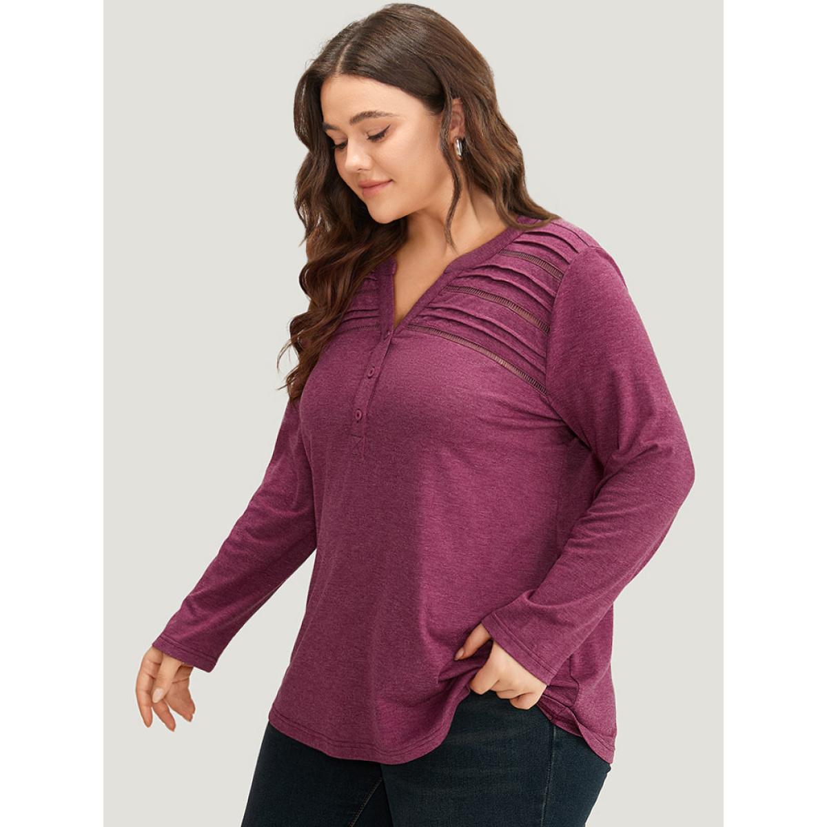 Plus Size Notched Pleated Button Up T-shirt RedViolet Women Casual Plain Plain Notched collar Dailywear T-shirts BloomChic 28/5X Product Image