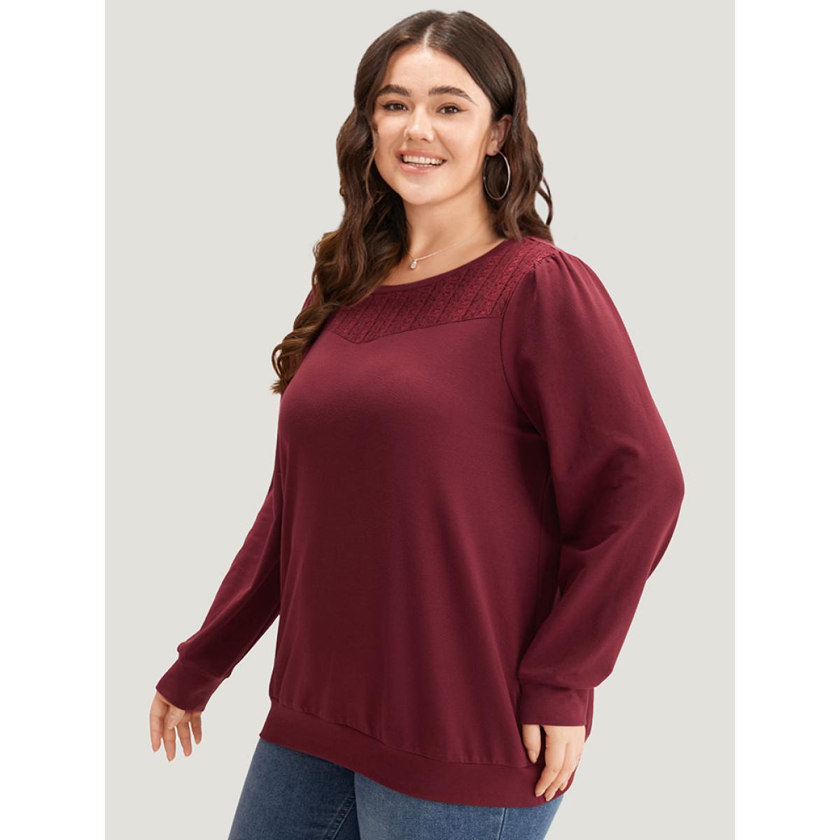 Plus Size Plain Eyelet Lace Crew Neck Sweatshirt Women Burgundy Elegant Elastic cuffs Round Neck Dailywear Sweatshirts BloomChic 26/4X Product Image