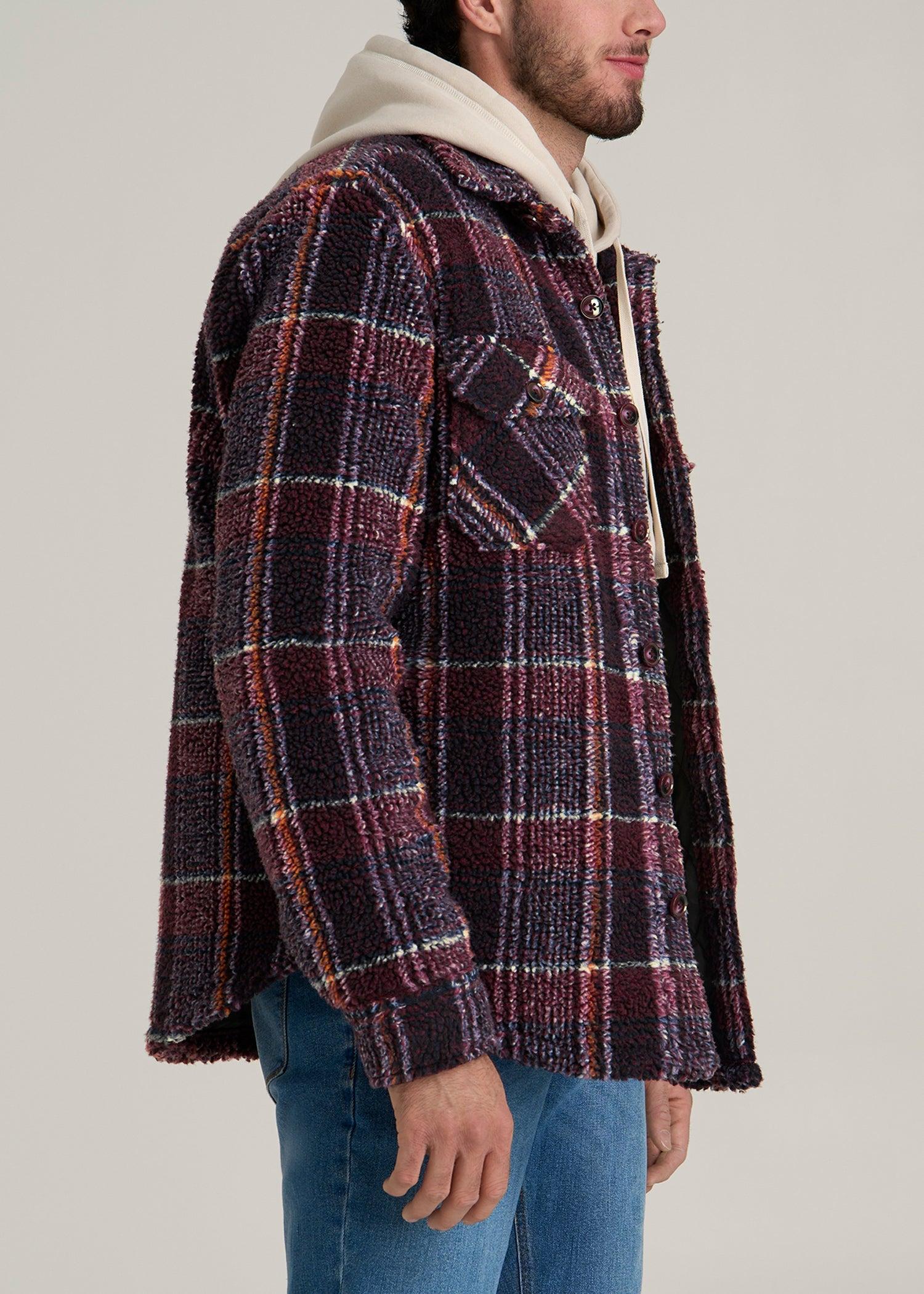 Sherpa Shirt Jacket for Tall Men in Burgundy and Navy Plaid Male Product Image
