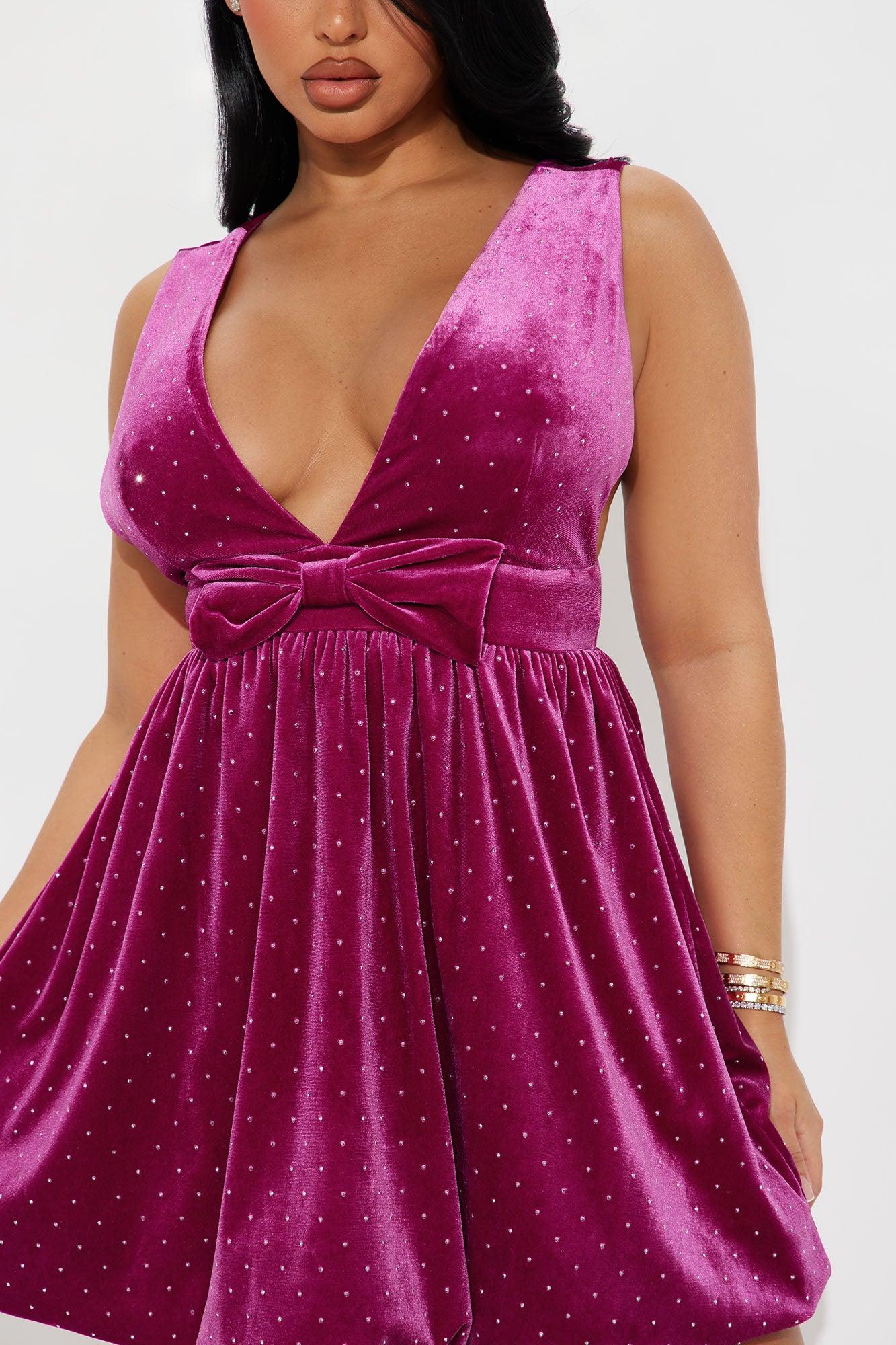 Arden Rhinestone Velvet Bubble Mini Dress - Magenta Product Image