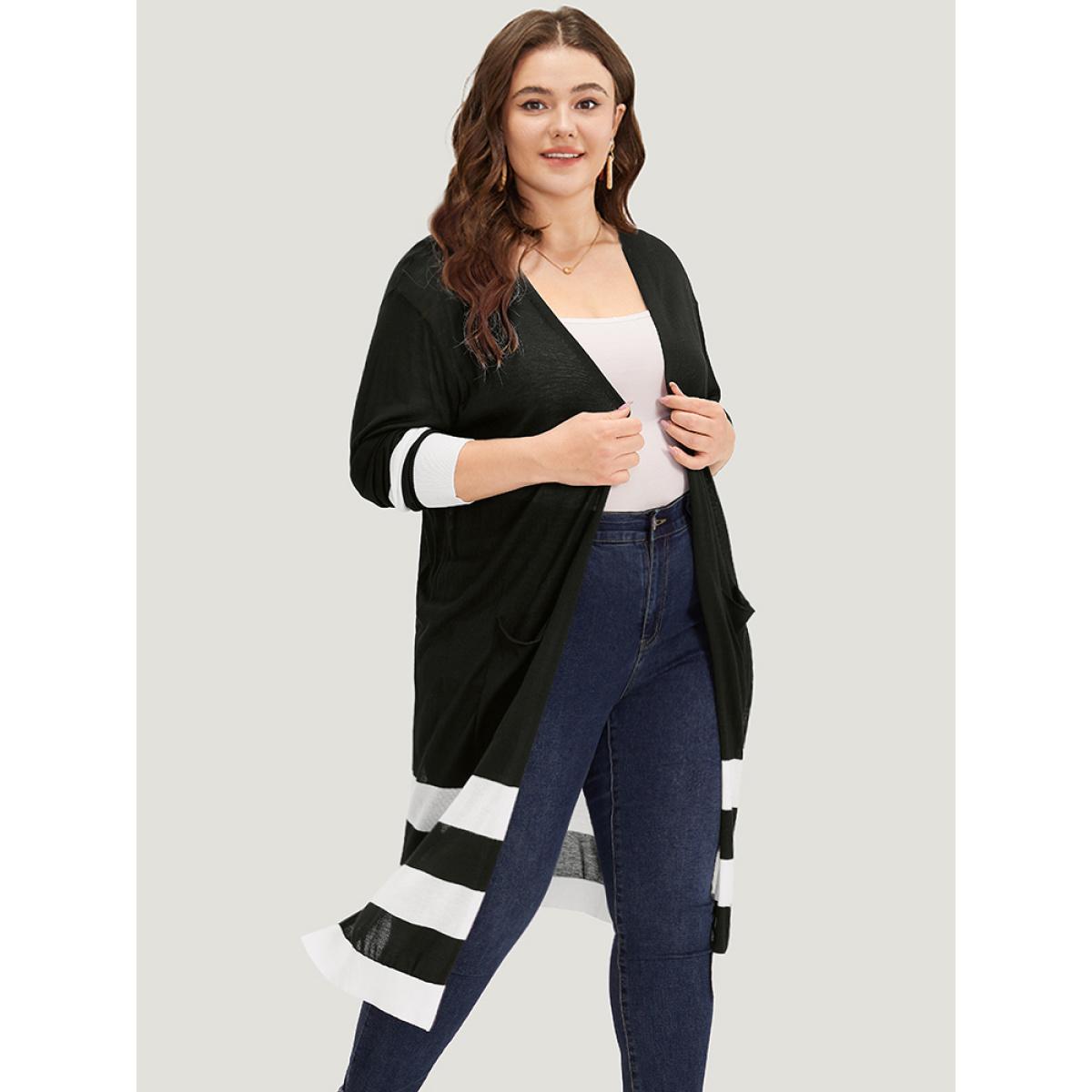 Plus Size Supersoft Essentials Contrast Patched Pocket Maxi Cardigan Black Women Casual Loose Long Sleeve Dailywear Cardigans BloomChic 14-16/1X Product Image