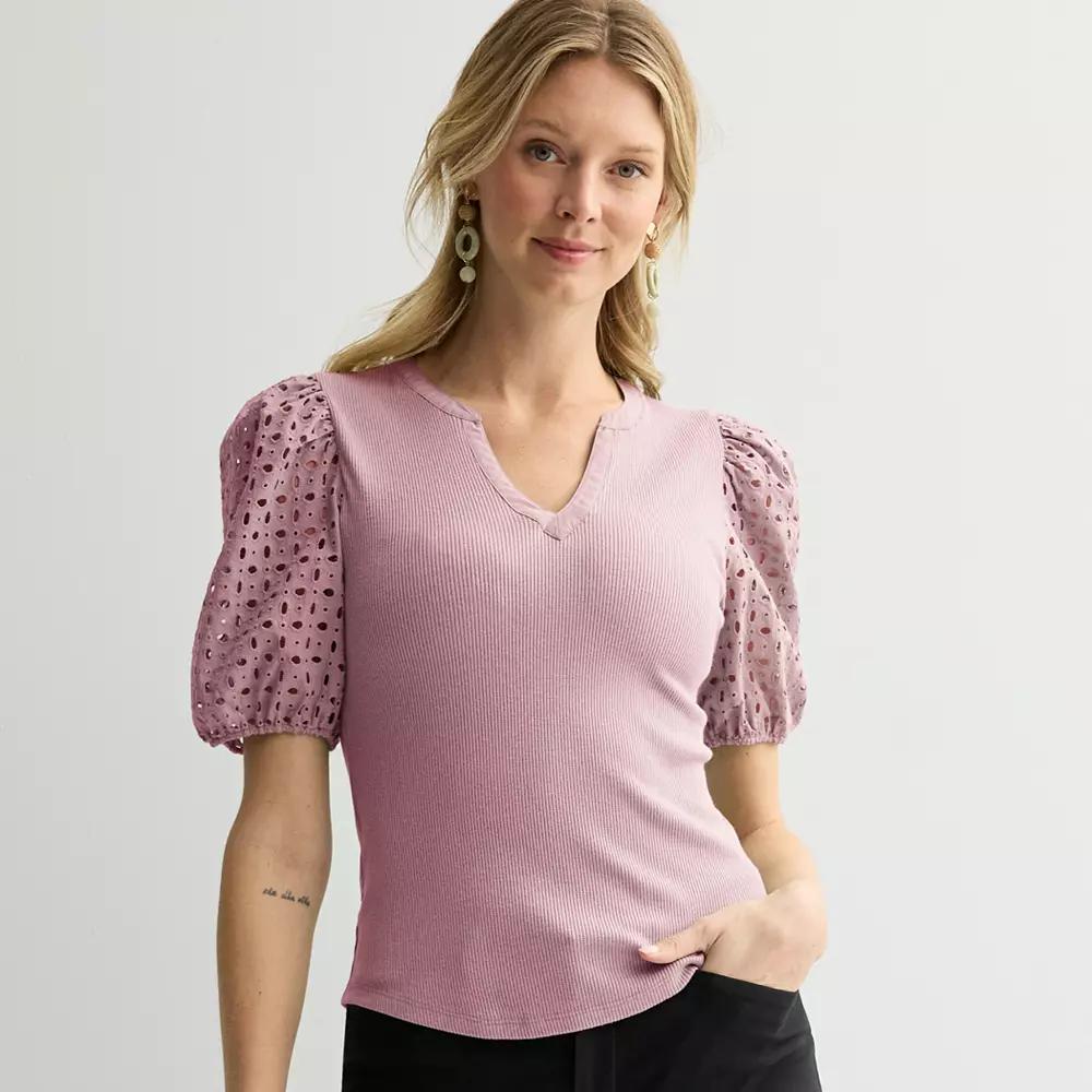 Petite Nine West Mixed Media Puffed Sleeve Y-Neck Top, Women's, Size: Large Petite, Washed Purple Product Image