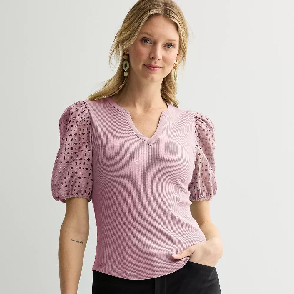 Women's Nine West Mixed Media Puff Sleeve Y-Neck Top, Size: Large, Hanover Blue Product Image