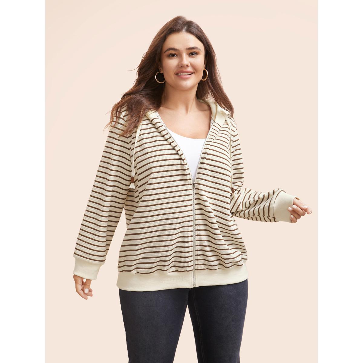 Plus Size Striped Patchwork Texture Hooded Sweatshirt Women Beige Casual Texture Hooded Everyday Sweatshirts BloomChic 28/5X Product Image