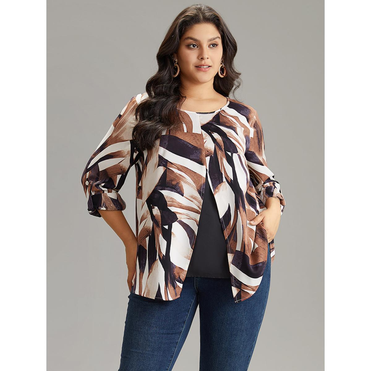 Plus Size DarkBrown Geometric Print 2-In-1 Split Round Neck Blouse Women Vacation Long Sleeve Round Neck Vacation Blouses BloomChic 14-16/1X Product Image