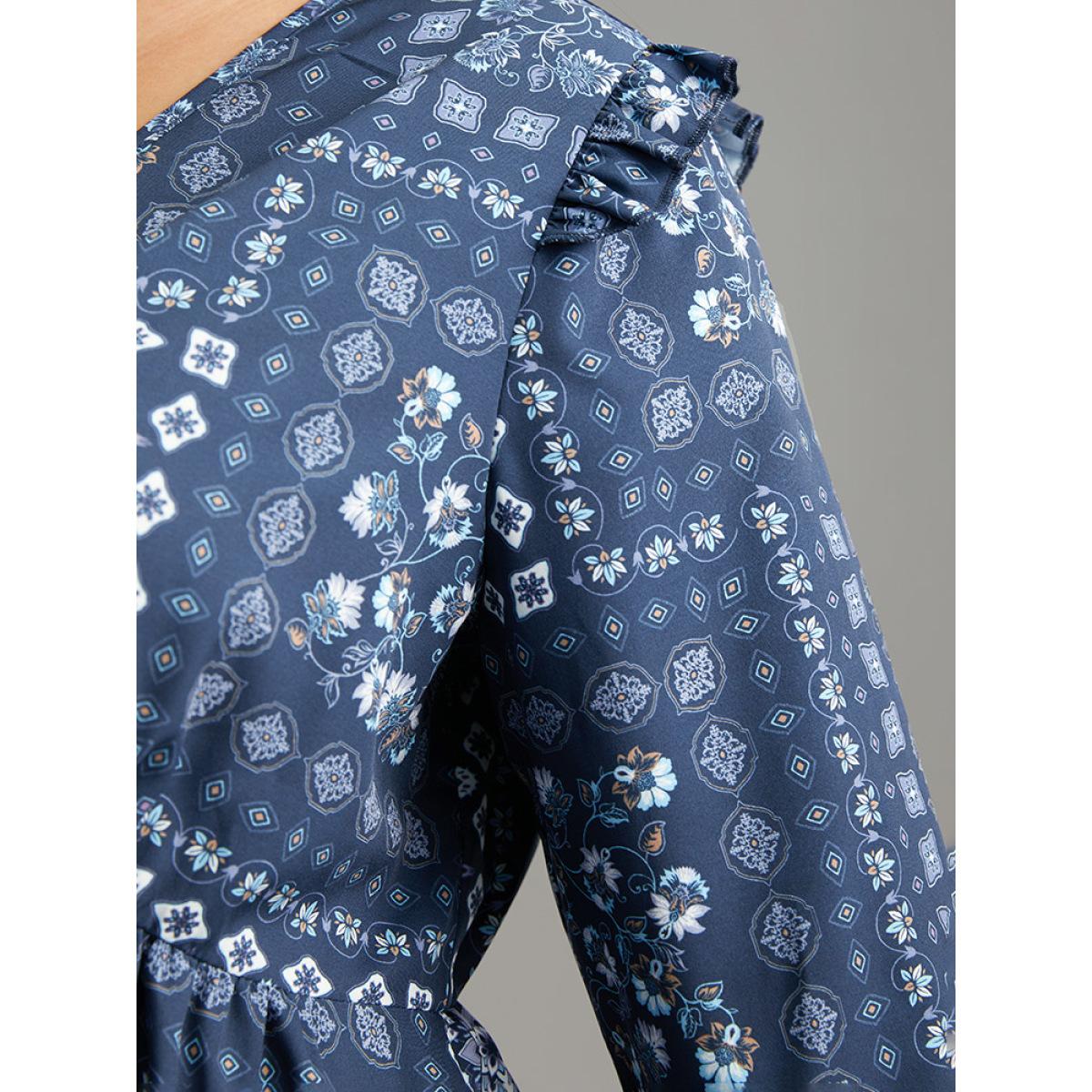 Plus Size Stone Bandana Print Bowknot Frill Trim Blouse Women Elegant Long Sleeve V-neck Dailywear Blouses BloomChic 26/4X Product Image