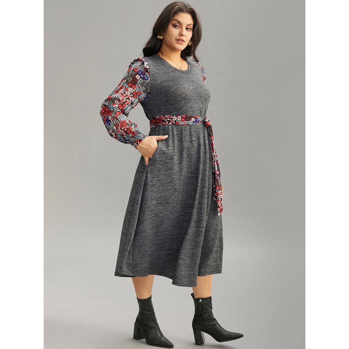 Plus Size Ditsy Floral Patchwork Ruffle Trim Belted Dress DimGray Women Casual Belted Round Neck Long Sleeve Curvy Midi Dress BloomChic 28/5X Product Image