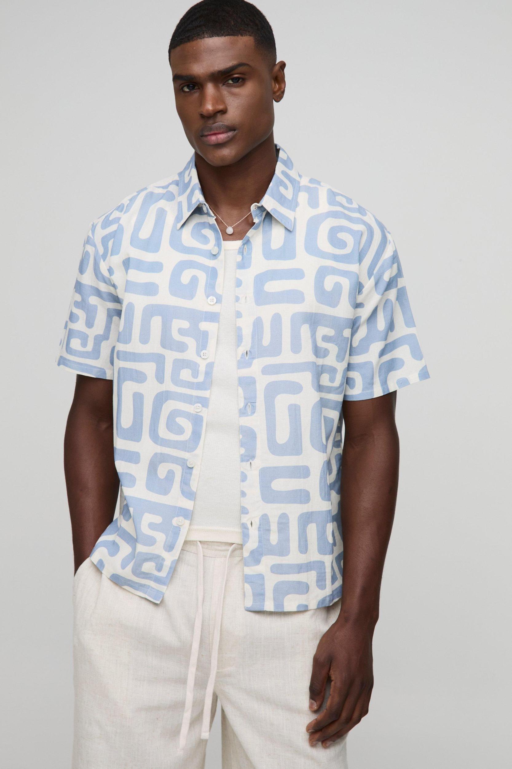 Oversized Abstract Linen Blend Collared Shirt | boohooMAN USA Product Image