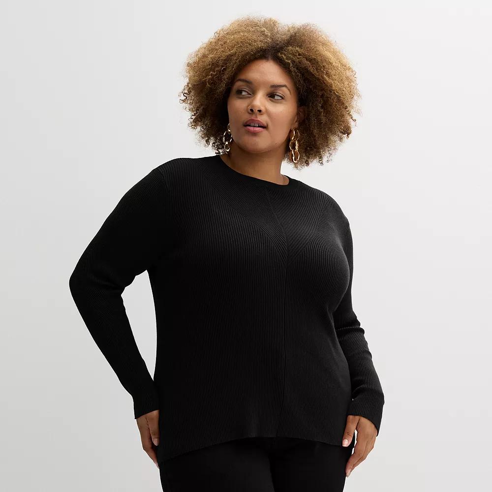Plus Size Nine West Crew Neck Rib Pullover, Women's, Size: 5XL, Mineral Black Product Image
