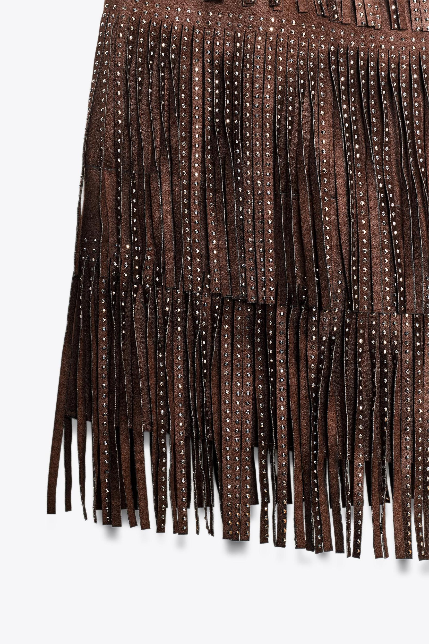 SHIMMERING FAUX SUEDE FRINGE SKIRT Product Image