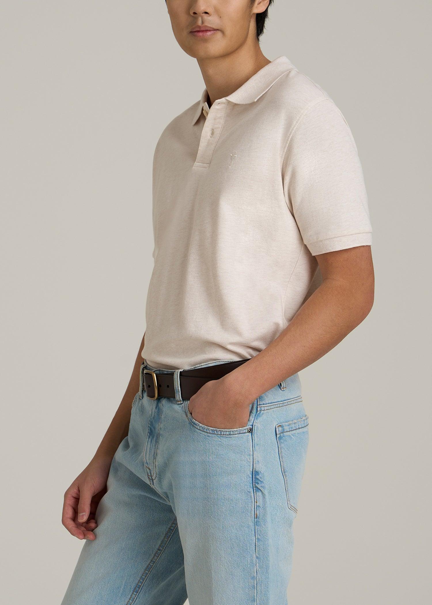 Classic Polo with Embroidered Logo for Tall Men in Heathered Oatmeal Male Product Image