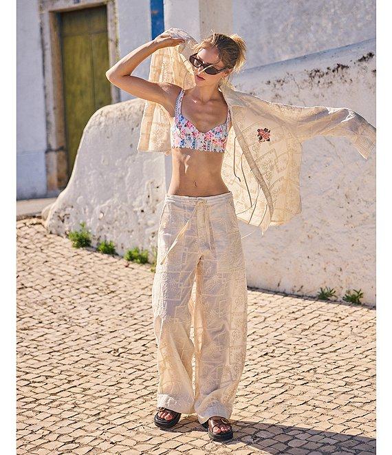 Agua Bendita Swan Floral Embroidered Collar Neck Long Sleeve Tie Front Shirt Product Image