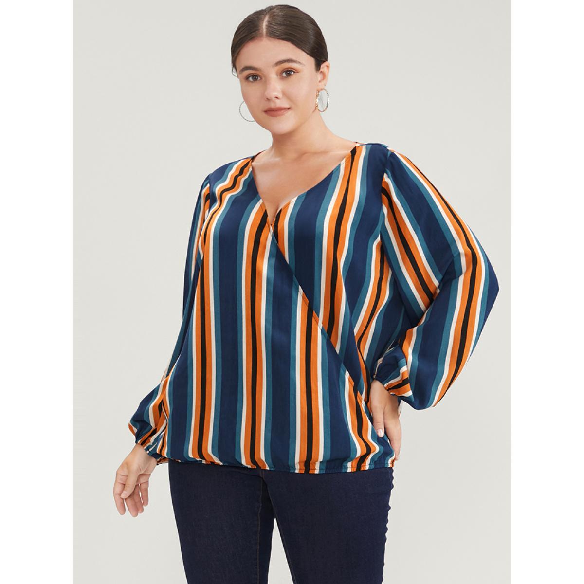 Plus Size Indigo Striped Lantern Sleeve Wrap Blouse Women Office Long Sleeve V-neck Office Blouses BloomChic 22-24/3X Product Image