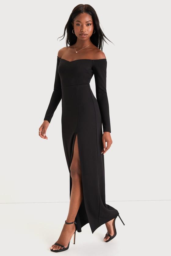 Classic Allure Black Off-the-Shoulder Long Sleeve Maxi Dress Product Image