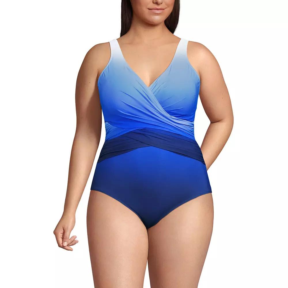 Plus Size Lands' End SlenderSuit Tummy Control Surplice One-Piece Swimsuit, Women's, Size: 18 W, Navy Blue Ombre Product Image