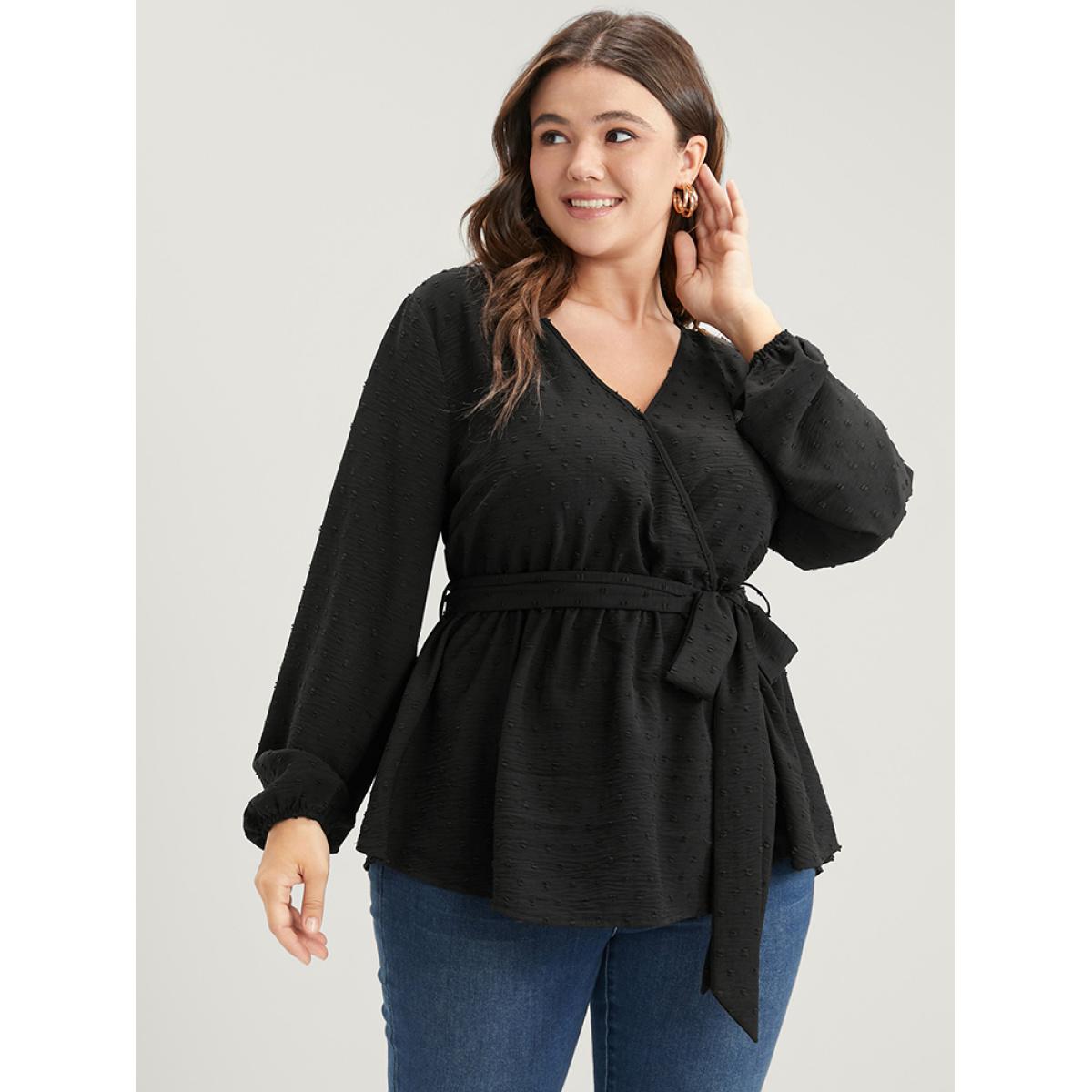 Plus Size Black Polka Dot Wrap Belted Ruffles Blouse Women Elegant Long Sleeve V-neck Dailywear Blouses BloomChic 30/6X Product Image