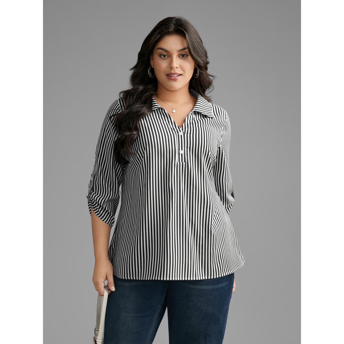 Plus Size Black Striped Button Cuff Sleeve Split Hem Blouse Women At the Office Elbow-length sleeve Shirt collar Work Blouses BloomChic 28/5X Product Image