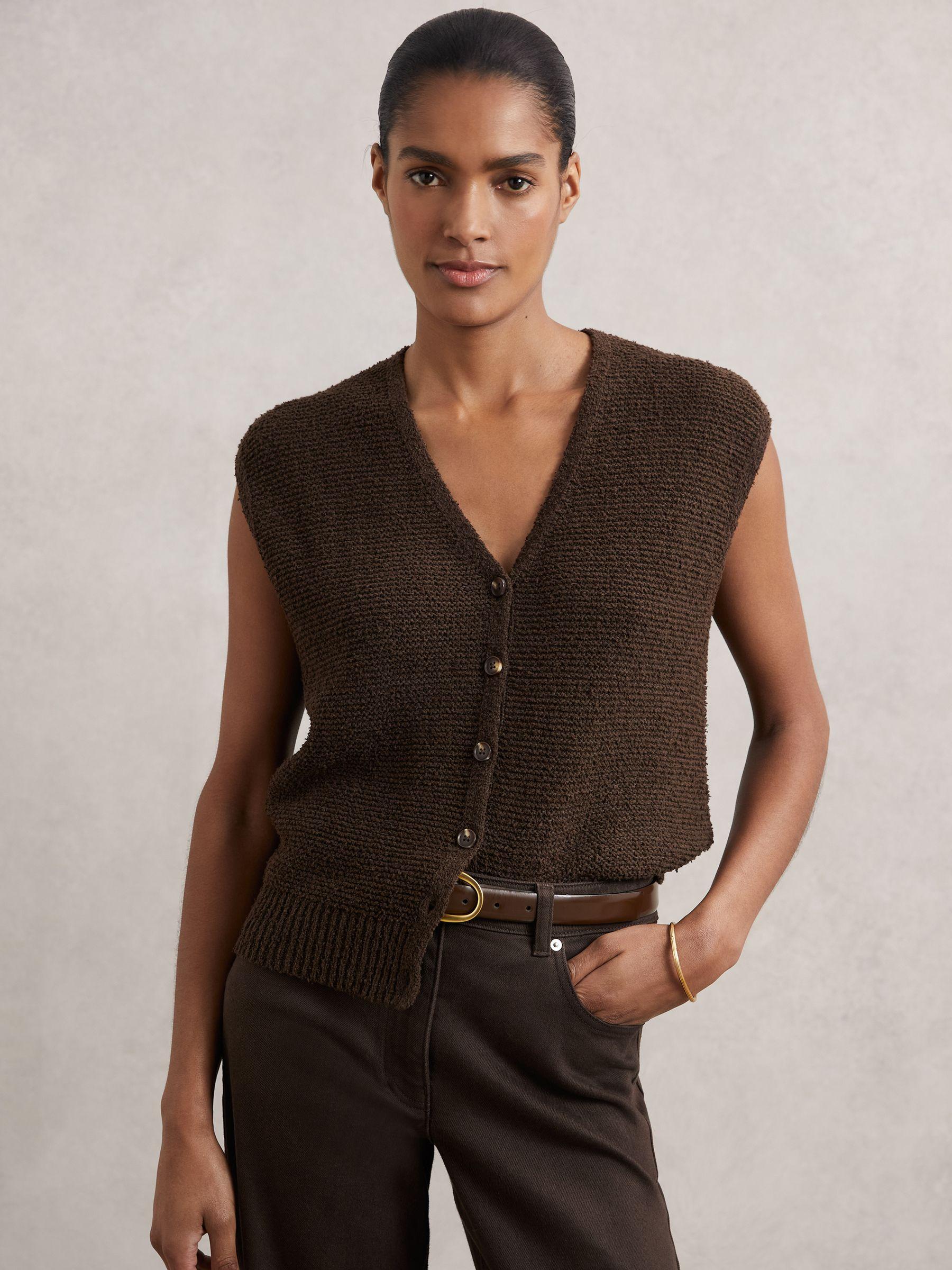 Cotton-Linen Button-Through Knit Top in Chocolate Brown Product Image