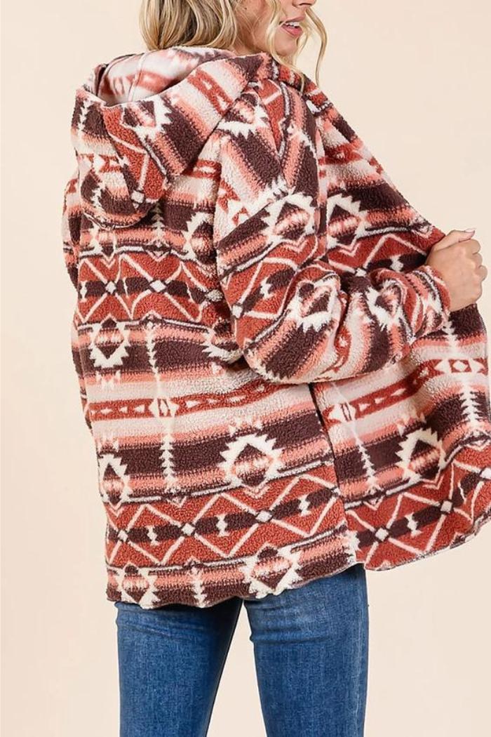 Aztec Tribal Print Hooded Oversize Fleece Jacket Product Image