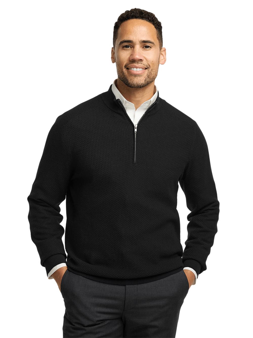 Silk Cotton Cashmere Quarter Zip Mock Neck Sweater - Black Product Image