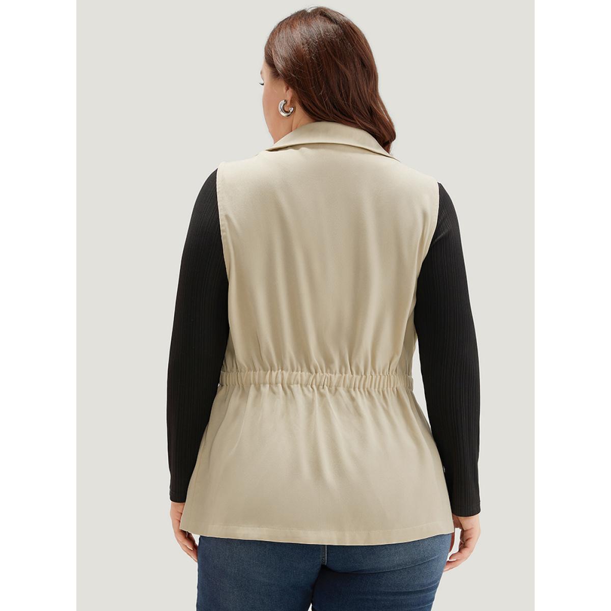 Plus Size Plain Suit Collar Pocket Sleeveless Blazer Beige Women Work Plain Plain Sleeveless Sleeveless Lapel Collar 12/L Pocket Office Blazers BloomChic Product Image